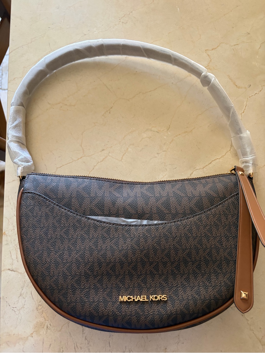 Michael Kors Brown Logo Crescent Shoulder Bag With Tan Trim